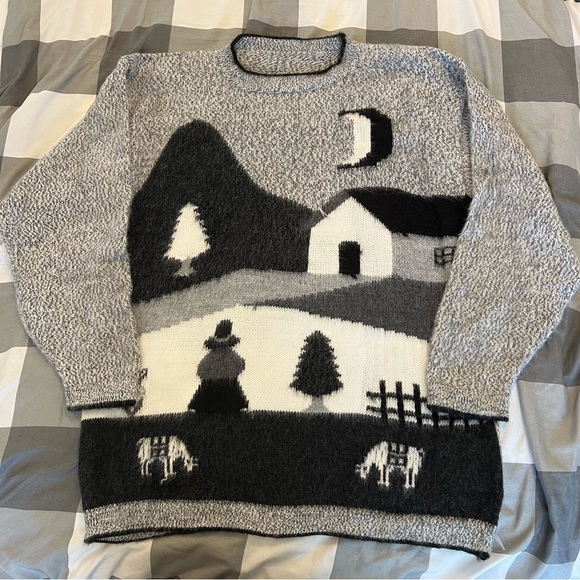 Albinaas Alpaca Handmade Peruvian Mountain Scene Crewneck Sweater Grey Medium - Picture 10 of 10